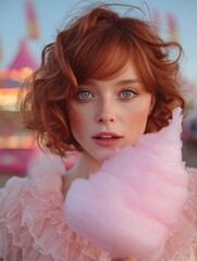 Gorgeous redhead strolling through state fair at dusk,  Ferris wheel in background. Cotton candy in hand.