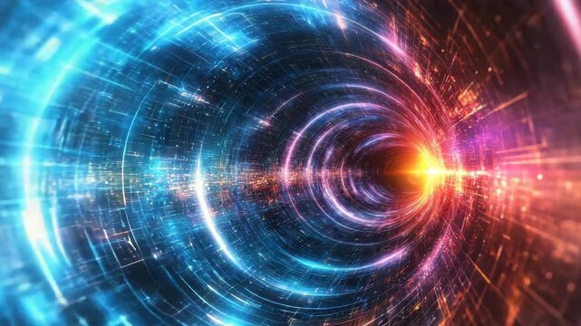 A vibrant, glowing tunnel of swirling lights and energy evokes a futuristic, sci-fi digital portal or wormhole.