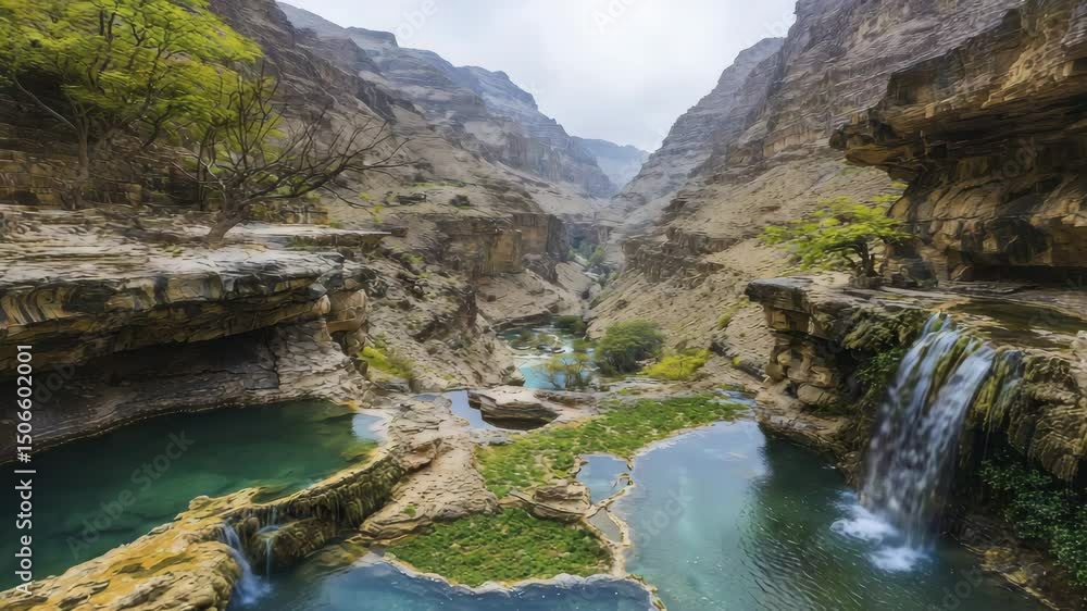 Poster a series of turquoise pools and waterfalls cascade through a rocky canyon surrounded by towering, ru