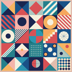 Geometric pattern vector background with Scandinavian abstract color or Swiss geometry prints of rectangles, squares and circles shape design
