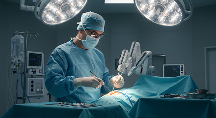 Surgeon Performing Robotic Surgery with Surgical Tools and Equipment