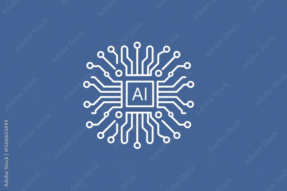 Poster ai processor icon with circuit line style, flat motherboard design