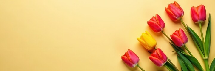 Obraz premium Bright tulips scattered on creamy surface, overhead shot, orange, march