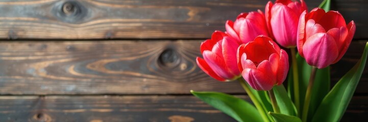 Obraz premium Close-up of pink and red tulips, wooden backdrop , floral, plant, bouquet