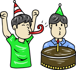 Cartoon boys celebrating birthday with cake and party horns