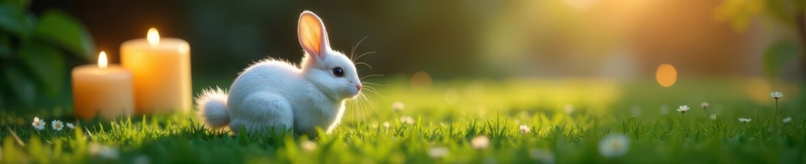 Fototapeta premium Fluffy bunny tail grass, glowing candles, marble Soft focus , minimalist, warm, serenity