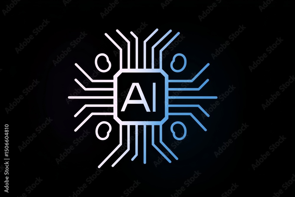 Poster ai processor icon with circuit line style, flat motherboard design