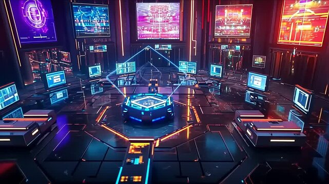 Futuristic Cyberpunk Control Room with Holographic Displays and Neural Network