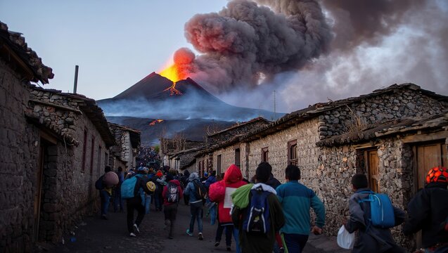 Villagers urgently evacuate as a deadly pyroclastic flow races down from the erupting volcano nearby.