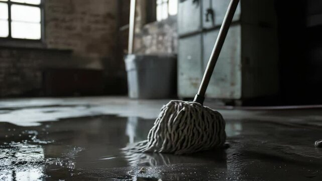 Wet Floor with Mop in Abandoned Industrial Building, Cleaning Service, Water Damage, Maintenance, Reflection, Grunge, Old Factory, Dirty, Neglected