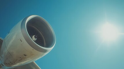 the engine of a commercial airplane with blue sky