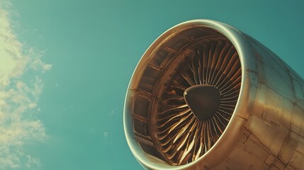 the engine of a commercial airplane with blue sky