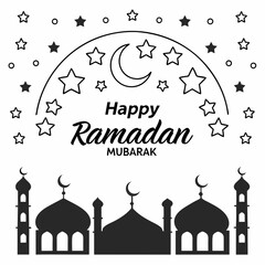 Happy Ramadan Mubarak design with mosque silhouettes under a starry night sky&mdash;perfect for festive digital decor and greetings