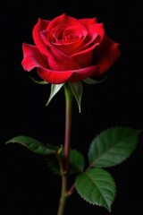 Fototapeta premium Single red rose, velvet petals, black background, high-resolution, rich