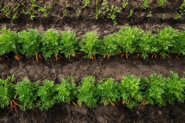 Rows of Young Carrots Growing in Rich Soil, Representing Sustainable Agriculture and Organic Food Production for Healthy Living and Local Farming : Generative AI