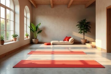 Serene Studio Space Sunlit Room with Yoga Mats, Plants, and a Comfortable Daybed for Relaxation and Mindfulness