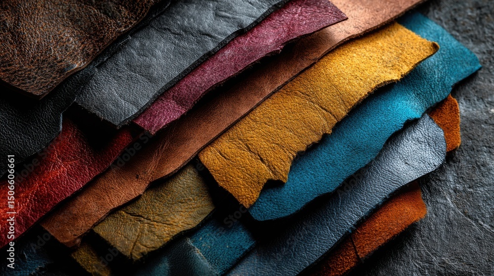 Poster pile of colorful leather scraps showing texture and grain, representing craftsmanship and sustainabl