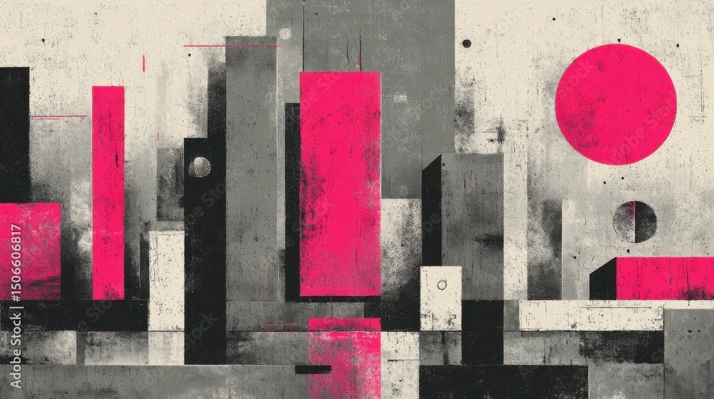 Poster abstract geometric cityscape in pink and gray, representing urban planning and modern architecture :