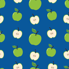 Seamless Hand Drawn Green Apple Pattern Designs Blue Background
