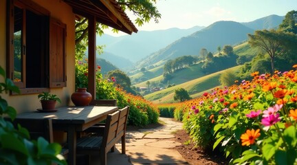 Serene Mountainside Retreat with Vibrant Flower Garden Path and Rustic Wooden Table