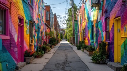 Fototapeta premium Vibrant Mural Alleyway in Urban Setting, Showcasing Colorful Community and Creative Expression Through Public Art : Generative AI