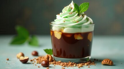 A delectable dessert creamy mint topping, rich chocolate base, and crunchy nuts