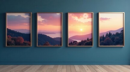 Serene Sunset Panorama Four Framed Prints of Tranquil Mountain Landscapes Adorning a Teal Wall in a Modern Interior