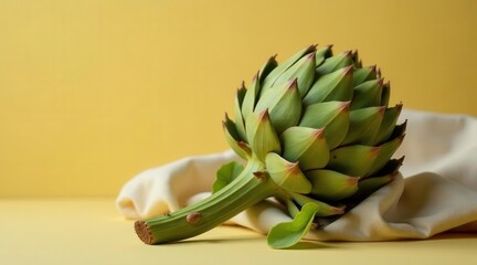 A single artichoke rests gently on a soft, neutral-toned fabric against a muted yellow backdrop, showcasing its intricate details and vibrant green hue.