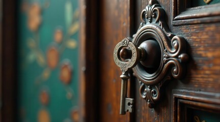 Antique Key in Ornate Door Lock, a Symbol of Mystery and Access to Hidden Treasures