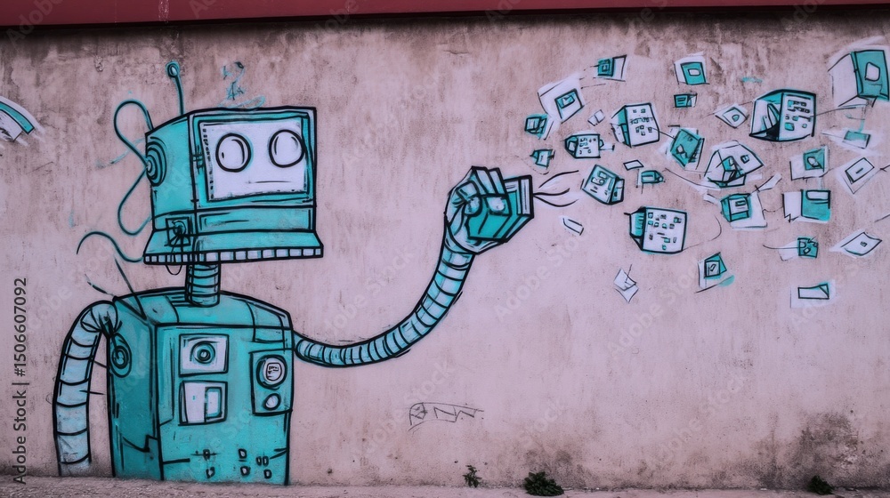 Aufkleber Robot Graffiti Art on Wall Releasing Data Cubes, Depicting Automation and Digital Transformation for Technology Companies : Generative AI