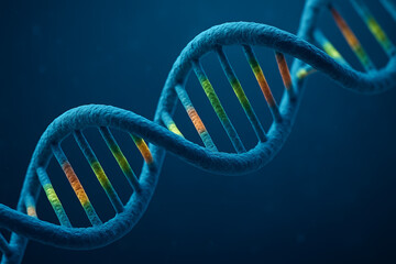 A high-resolution 3D rendering of a DNA double helix structure on a deep blue background. The intertwined strands and colored base pairs are shown in vivid detail, representing genetic science, biotec