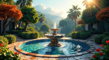 Serene Oasis A Picturesque Garden Fountain at Sunrise, Surrounded by Lush Greenery and Tranquil Landscaping