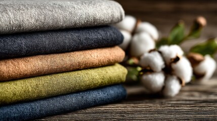 Stack of Colorful Linen Fabric With Cotton Branch Exhibiting Eco-Friendly Choice and Sustainable Textile Production, Ideal for Fashion and Interior Design Projects : Generative AI