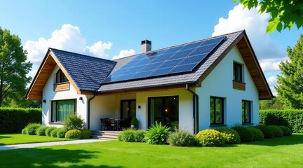 Modern Eco-Friendly Residence with Solar Panels and Lush Landscaping, showcasing sustainable home design and energy efficiency