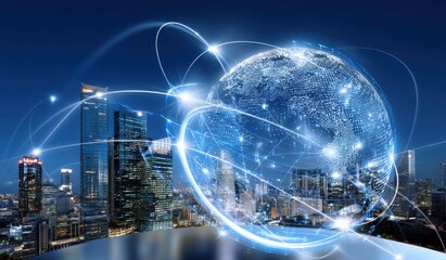 Obraz premium Global Network Over City Skyline at Night, Illustrating International Business and Digital Transformation, Perfect for Corporate Communications and Technology Solutions : Generative AI