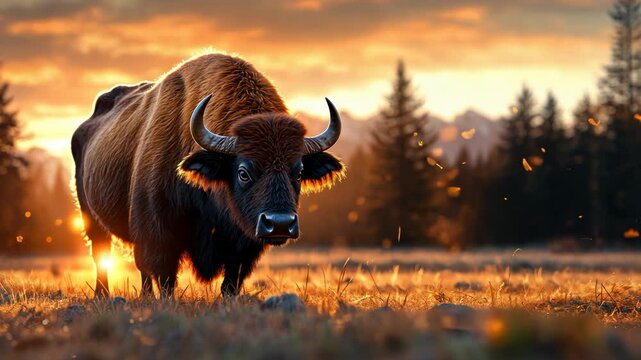 Majestic bison silhouetted against a vibrant sunset, standing in a golden field with a mountain backdrop