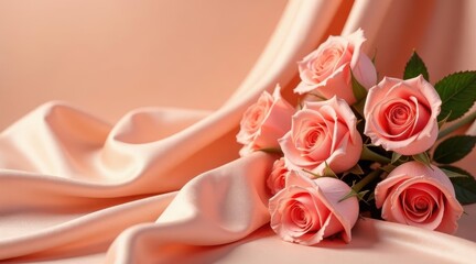 A delicate bouquet of peach roses elegantly arranged on a soft, flowing satin fabric, creating a romantic and luxurious visual composition.