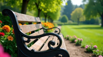 Serene park bench inviting quiet contemplation amidst vibrant floral borders and lush greenery