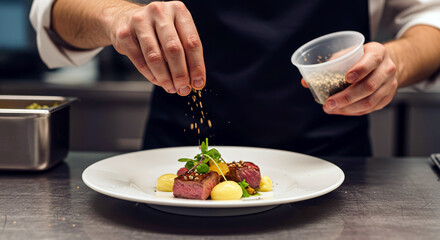 Chef preparing gourmet steak dish with precision in professional kitchen