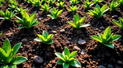 Vibrant Green Seedlings Thrive in Rich, Dark Soil, Illuminated by Sunlight, a Symbol of Growth and Renewal