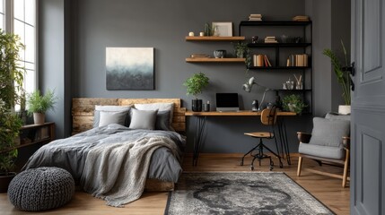 Modern Bedroom Interior With Desk and Shelves, Representing Comfort and Home Office Design, Ideal for Real Estate Marketing and Interior Decor Inspiration : Generative AI