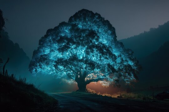Mystical Glowing Tree at Night in Foggy Landscape, Symbolizing Enchantment and Environmental Awareness : Generative AI