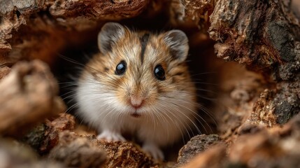 Cute Hamster Peeking Out From a Hole in a Tree, Representing Pet Care and Childhood Wonder, Perfect for Educational Resources and Animal-Themed Projects : Generative AI