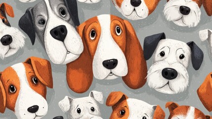 Fototapeta premium Cartoon Dog Faces Pattern on Gray Background, Symbolizing Animal Companionship and Pet Adoption for Family and Lifestyle Content : Generative AI