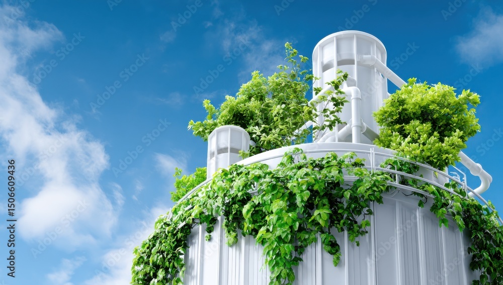 Poster futuristic white building covered in greenery against blue sky, representing sustainable architectur