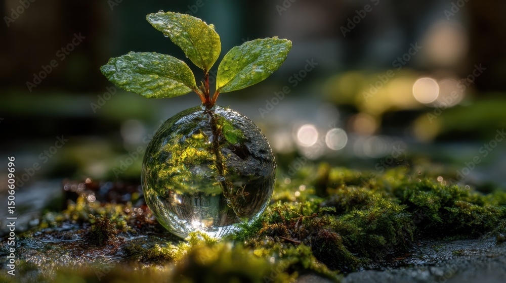 Aufkleber sapling growing from clear sphere on mossy surface, symbolizing environmental awareness and sustaina
