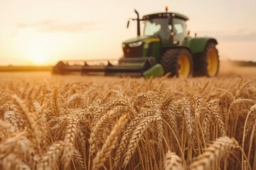 Wheat field. Ears of golden wheat. Combine harvester reaps golden wheat field at sunset. Ripe ears glow in warm sunlight.