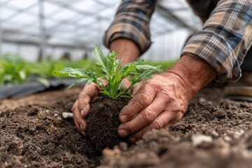 Hands Planting a Seedling in Fertile Soil Inside Greenhouse, Symbolizing Growth and Sustainable Agriculture for a Greener Future : Generative AI