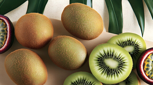 Fresh kiwi and passion fruit display on a light wooden surface.
