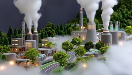 Miniature Factory Emitting Smoke, Representing Industrial Pollution and Environmental Impact, Ideal for Sustainability Campaigns and Corporate Social Responsibility Initiatives : Generative AI